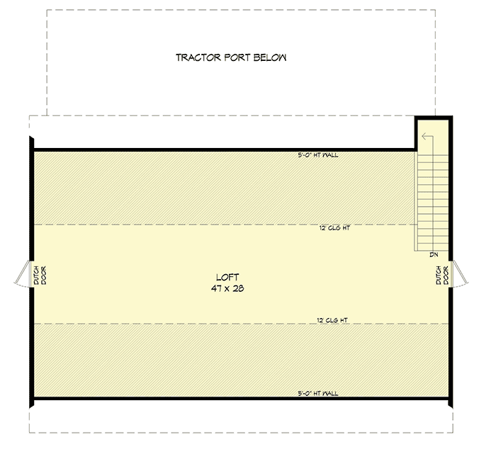 Second level floor plan of the Tractor Port in an Expanded Barn-Style Shed with a loft.