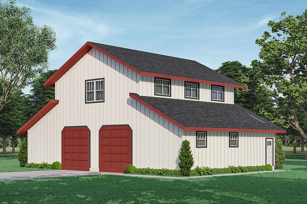 Angled front-right view of the Lovely Country-type Barn, showcasing the facade with 2 garage doors.