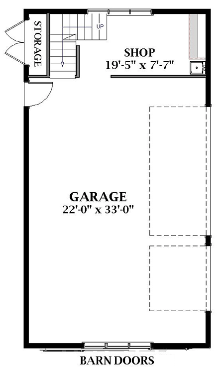 First level floor plan of the Efficient Detached Barn with a 2-car garage, shop, and storage.