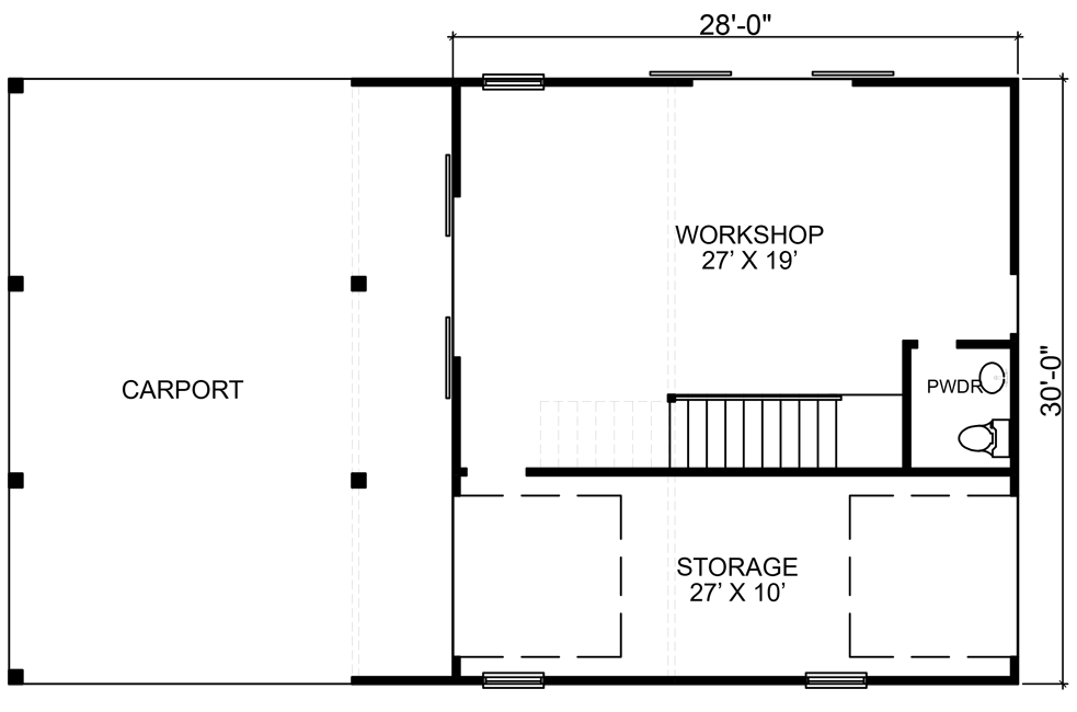 First level floor plan of the Detached Studio Apartment with a carport, workshop, and storage.