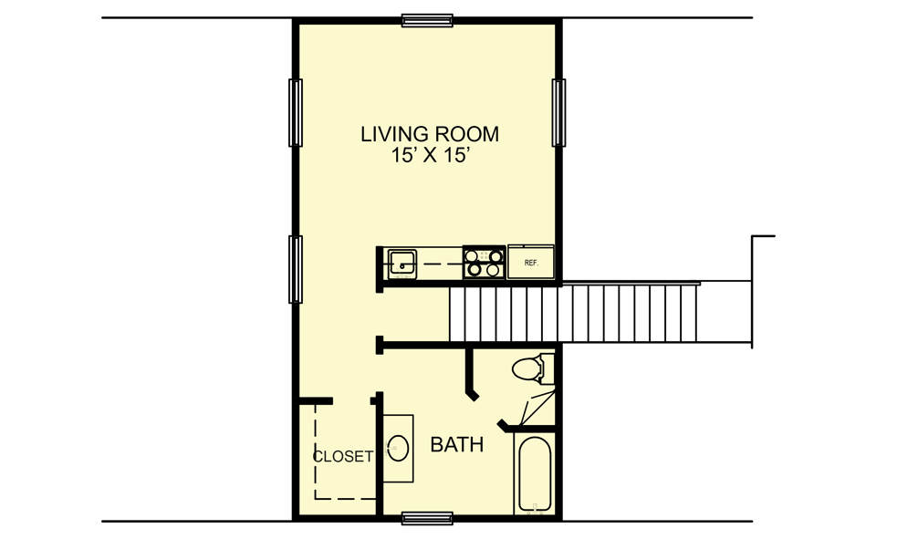 Second level floor plan of the Detached Studio Apartment with living room and bathroom.