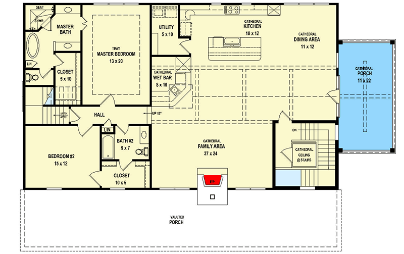 Second level floor plan of the Lavish Multipurpose 2BHK Country Home with cathedral porch, dining area, kitchen, family area, utility, master bathroom, master bedroom, hall, closet, and bedroom.