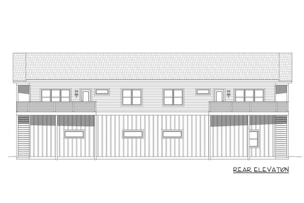 Rear elevation sketch of the Exciting Duplex Barndominium.