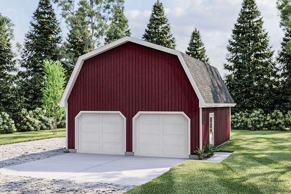 Angled front-right view of the Sweet Barndo w/ Attic, Workshop & 2-Car Garage.