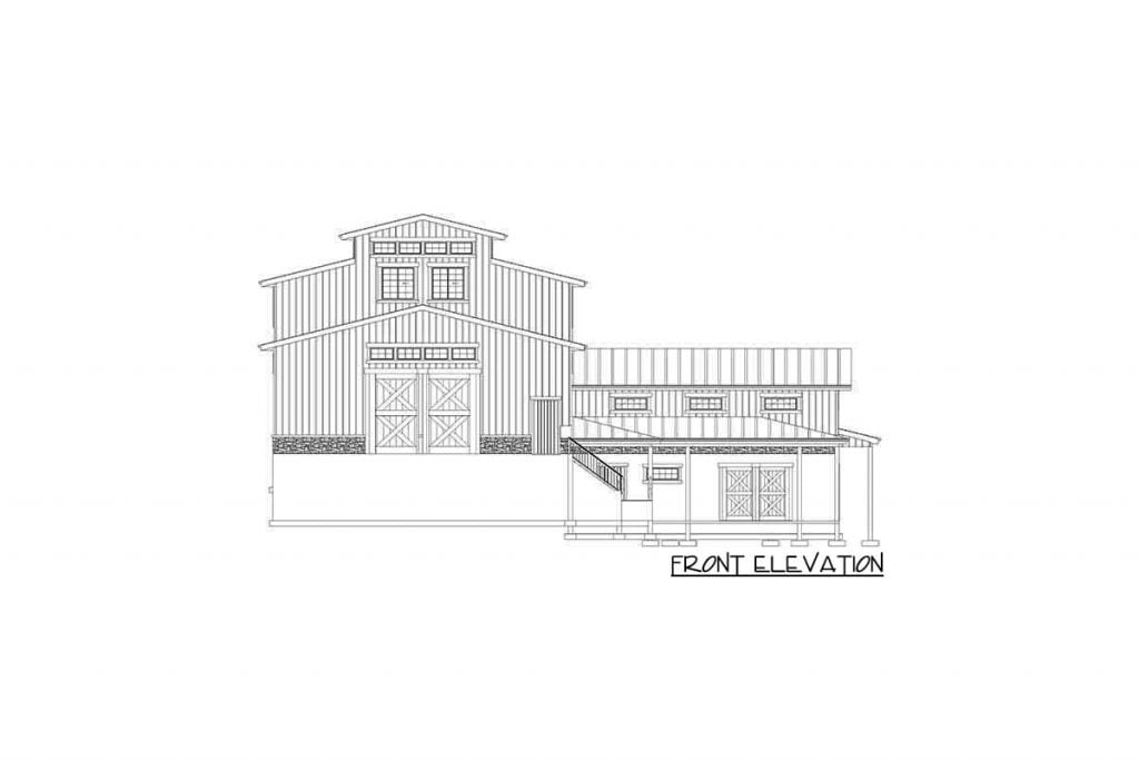 Front elevation sketch of the 3 Spacious Workshop Areas w/ Office, Kitchen & 2-Car Garage.