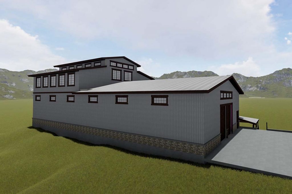 Angled left-front perspective of the 3 Spacious Workshop Areas w/ Office, Kitchen & 2-Car Garage.