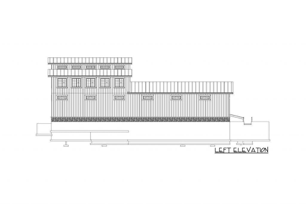 Left elevation sketch of the 3 Spacious Workshop Areas w/ Office, Kitchen & 2-Car Garage.