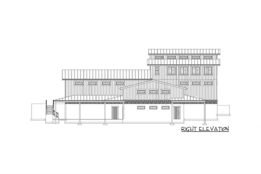 Right elevation sketch of the 3 Spacious Workshop Areas w/ Office, Kitchen & 2-Car Garage.