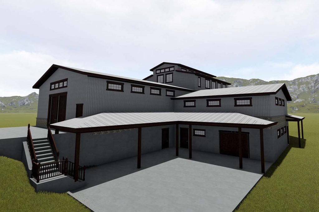 Angled front-right perspective of the 3 Spacious Workshop Areas w/ Office, Kitchen & 2-Car Garage.