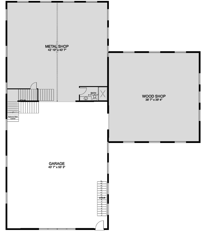 Main level floor plan of the 3 Spacious Workshop Areas w/ Office, Kitchen & 2-Car Garage with a wood shop, and metal shop.