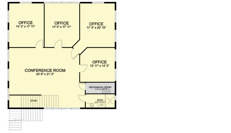 Second level floor plan of the 3 Spacious Workshop w/ Office, Kitchen & 2-Car Garage with a conference room, mechanical room, bathroom, and 4 offices.