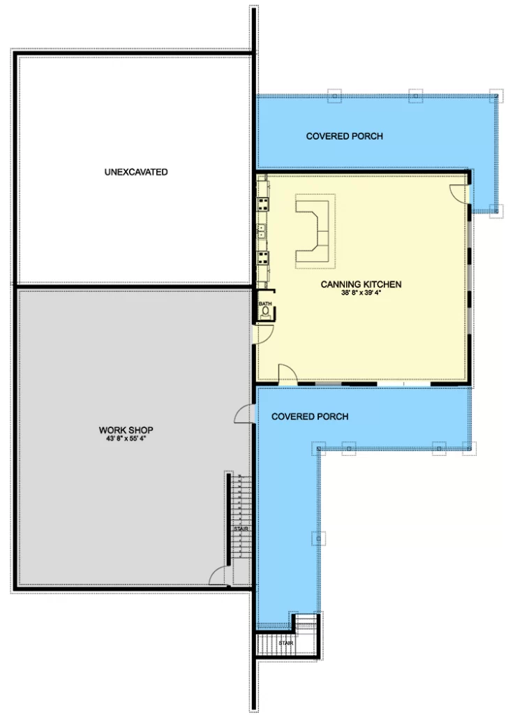 Lower level floor plan of the 3 Spacious Workshop Areas w/ Office, Kitchen & 2-Car Garage with covered porch, workshop, and canning kitchen.