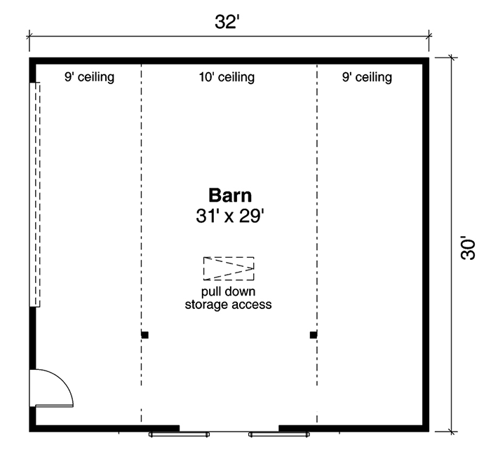 Main level floor plan of the Airy Detached Barndominium.