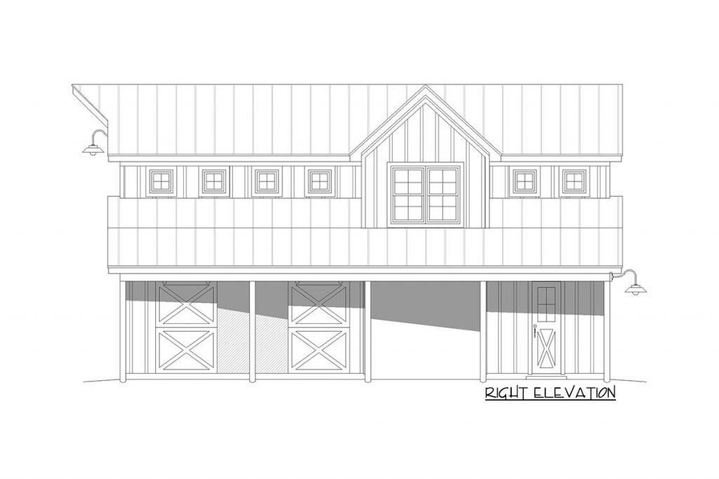 Right elevation sketch of the Premium 1,031 Sq. Ft. Barndominium.