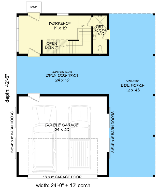 Main level floor plan of the Premium 1,031 Sq. Ft. Barndominium with a 2-car garage, open dog trot, side porch, and workshop.