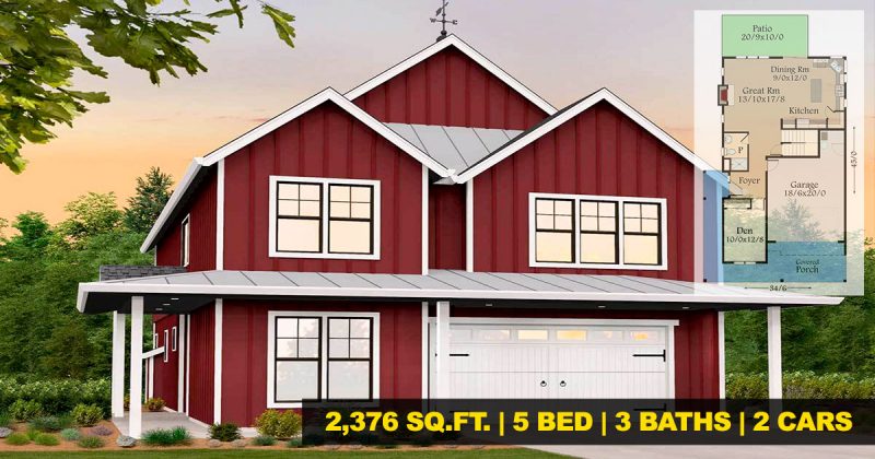 Front view of the 5BHK Fancy Modern Farmhouse in barn-like color scheme.