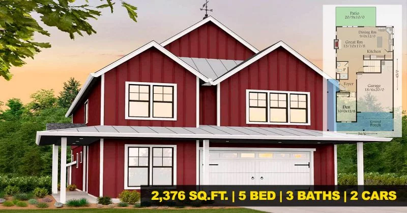 Front view of the 5BHK Fancy Modern Farmhouse in barn-like color scheme.