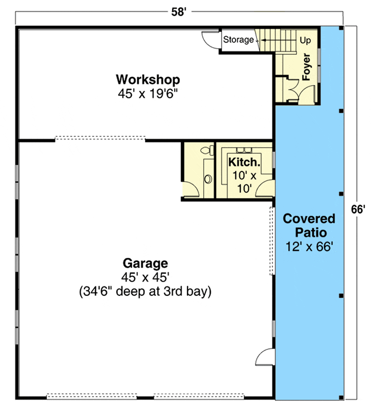 Main level floor plan of the Vast 1BHK Garage Apartment with a 4-car garage, covered patio, foyer, workshop, and kitchen.