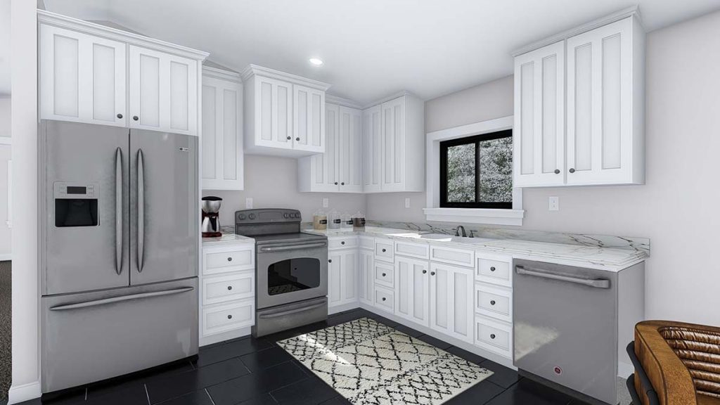 Kitchen equipped with white cabinetry and stainless-steel appliances.