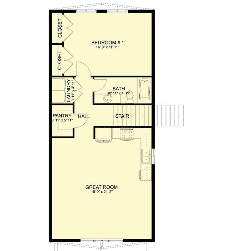 Second level floor plan of the Efficient 1BHK 880 Sq. Ft. Barndo with great room, pantry, hall, bathroom, laundry room, and a bedroom with built-in closets.
