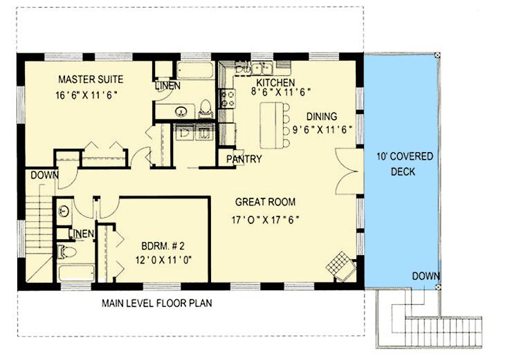 Main level floor plan of the Dense 1,999 Sq. Ft. Garage Apartment with a covered deck, great room, dining area, kitchen, a bedroom, and master suite.