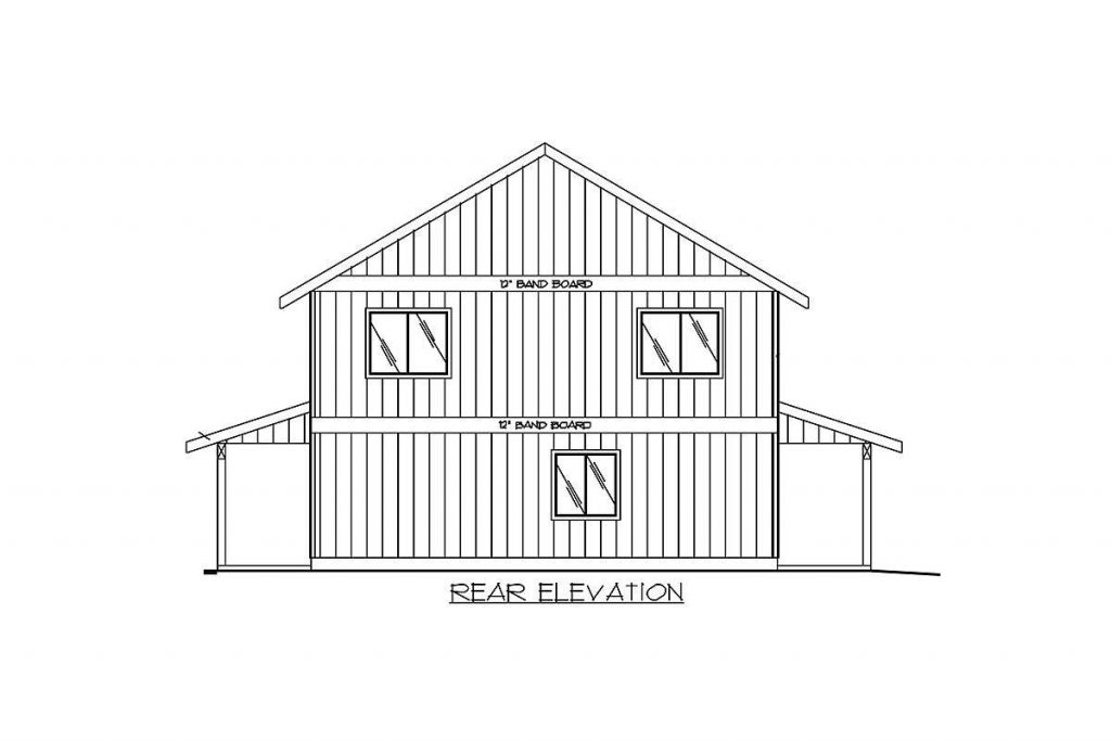 Rear elevation sketch of the Endearing 1,901 Sq. Ft. Compact Farmhouse.