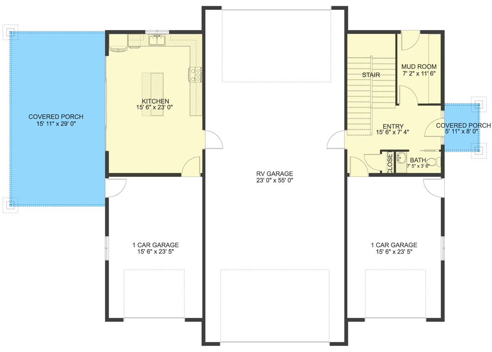 Main level floor plan of the Pleasing 2BHK Modern Farmhouse with 3-car garage, covered porch, kitchen, and mudroom.