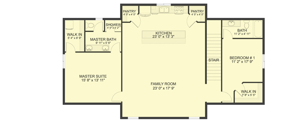Second level floor plan of the Pleasing 2BHK Modern Farmhouse with kitchen, family room, master suite, pantry, bedroom, and masterbath.