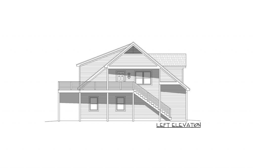 Left elevation sketch of the Uncluttered 2BHK Traditional Style Barndominium.