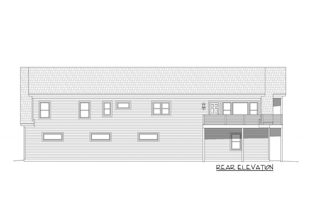 Rear elevation sketch of the Uncluttered 2BHK Traditional Style Barndominium.