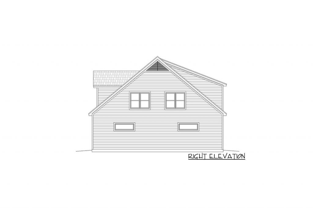 Right elevation sketch of the Uncluttered 2BHK Traditional Style Barndominium.