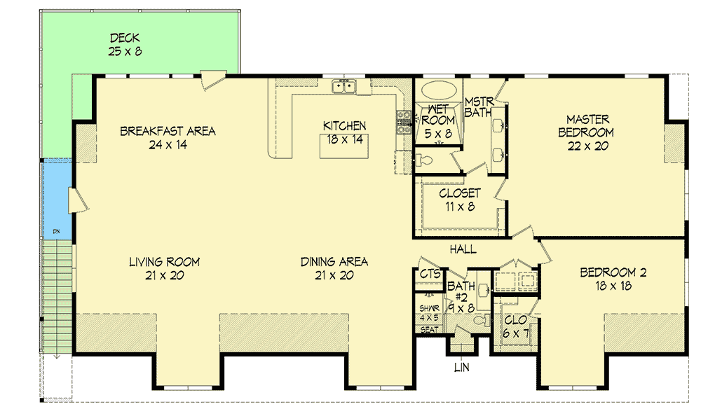 Second level floor plan of the Uncluttered 2BHK Traditional Style Barndominium with deck, breakfast area, living room, dining area, kitchen, hall, closet, bedroom, master bathroom, and master bedroom.