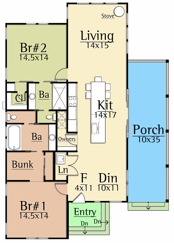Main level floor plan of the Spectacular 1.534 Sq. Ft. Mountain Country House with a porch, entry, living room, kitchen, dining room, and 2 bedrooms.