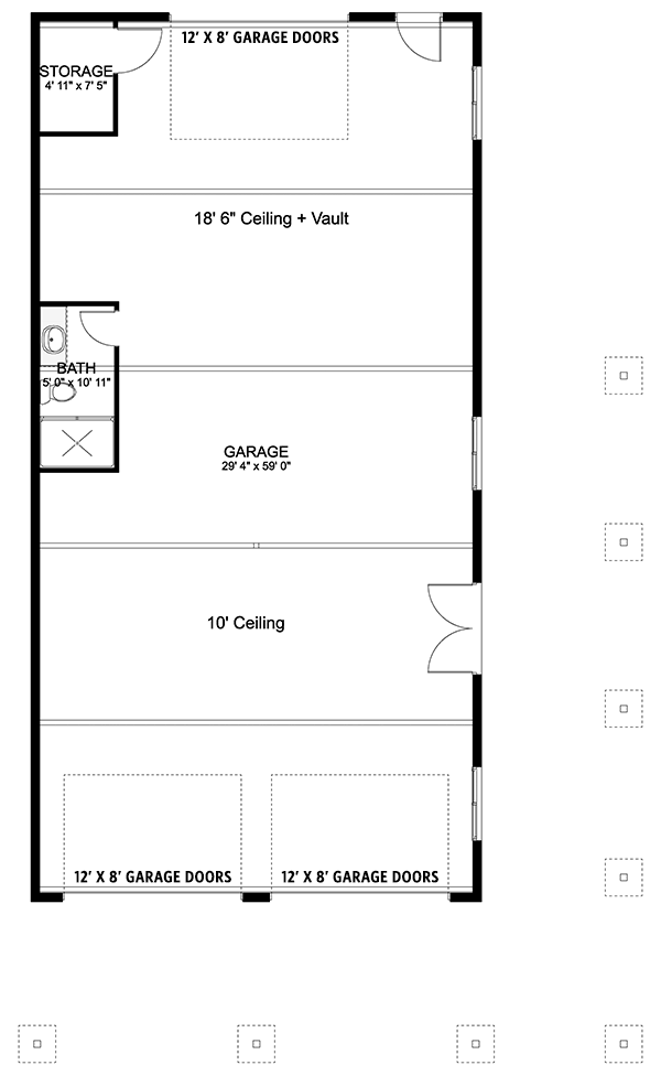 Main level floor plan of the Typical Country Style House with a 6-car garage, storage room, and a bathroom. 