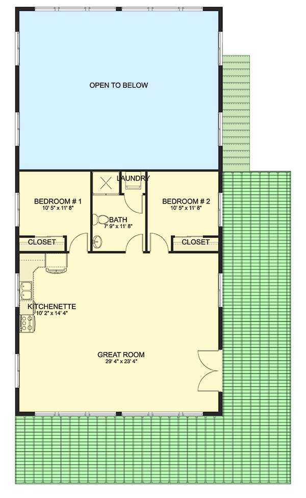 Second level floor plan of the Typical Country Style House with a great room, kitchen, bathroom, and 2 bedrooms with a closet each.