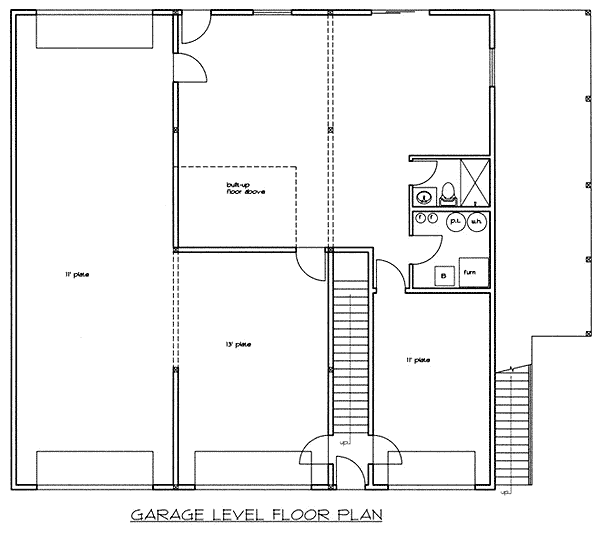 Garage level floor plan of the Engaging 3BHK Garage Apartment with 3-car garage.
