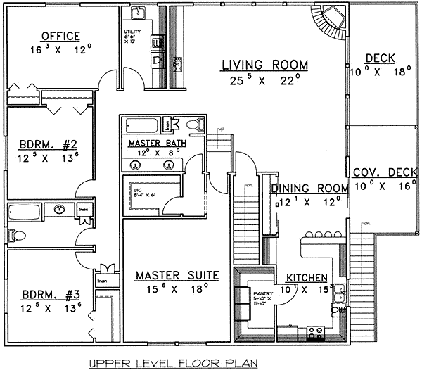 Upper level floor plan of the Engaging 3BHK Garage Apartment with deck, dining room, kitchen, living room, home office, 2 bedrooms, master bathroom, and master suite.