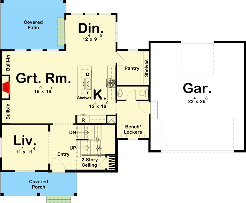 Main level floor plan of the Stunning 3BHK Country House with 2-car garage, covered porch, covered patio, living room, great room, kitchen, pantry, and dining area.