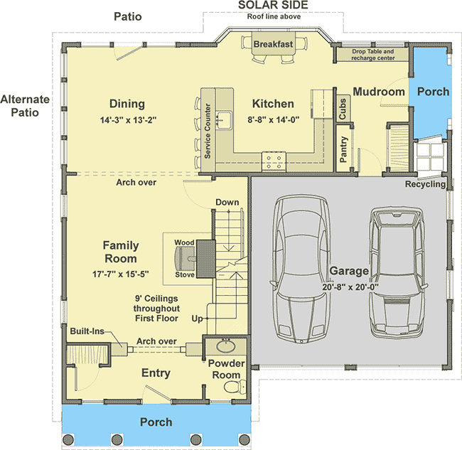 Main level floor plan of the Sustainable Passive Solar Country House with a 2-car garage, porch, family room, dining room, kitchen, breakfast area, mudroom, and patio.