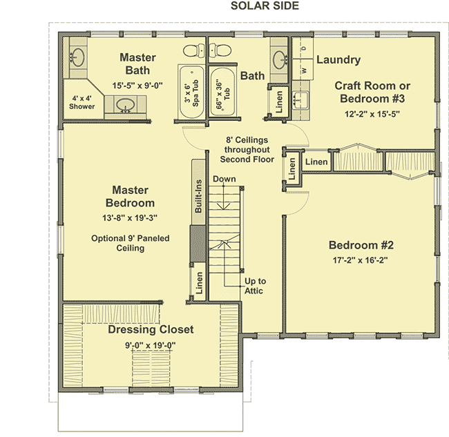 Second level floor plan of the Sustainable Passive Solar Country House with a dressing closet, 2 bedrooms, master bathroom, and master bedroom.