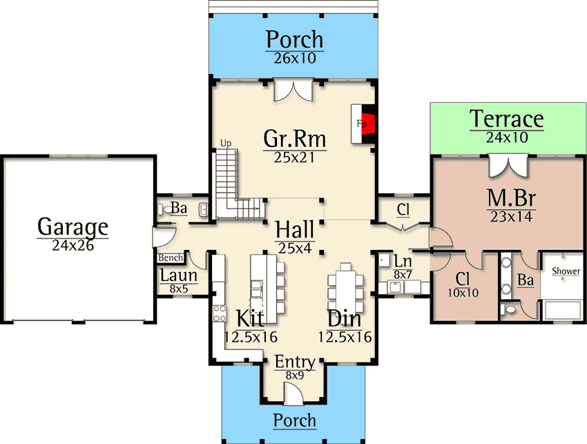 Main level floor plan of the 2,695 Sq. Ft. Stylish & Rustic Farmhouse with a porch, kitchen, dining room, hall, great room, 2-car garage, and main bedroom with a private terrace.