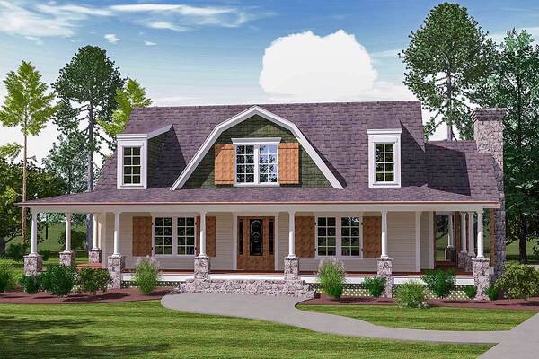The home's front view showcases the covered porch, complimented with a stone stoop and a dreamy roof.