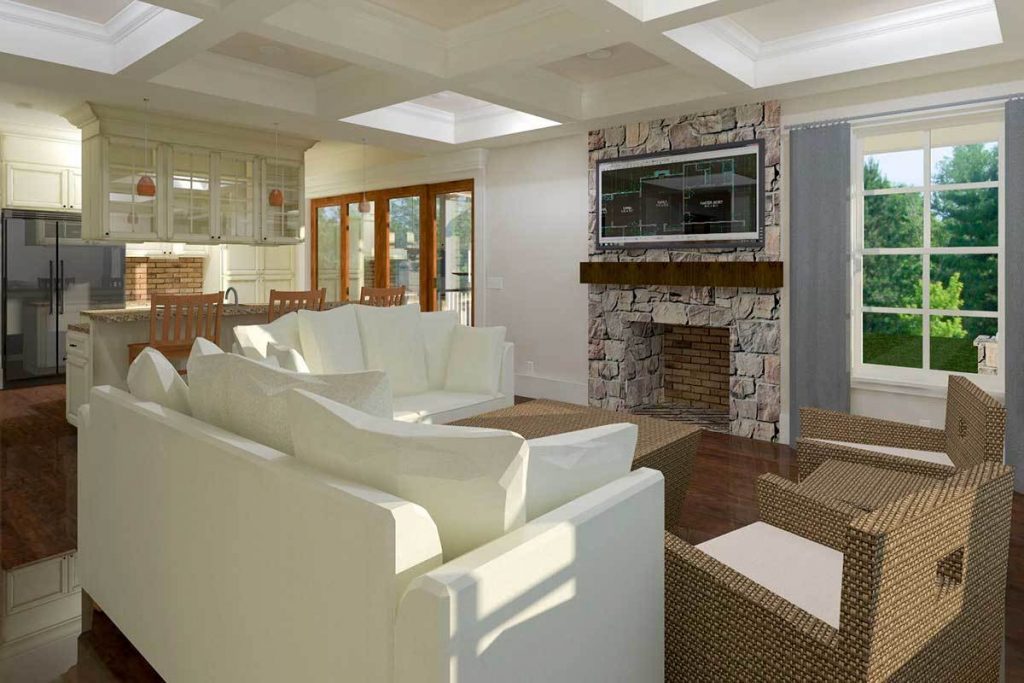 Family room with white couches and armchairs with a coffee table and a TV above the fireplace.