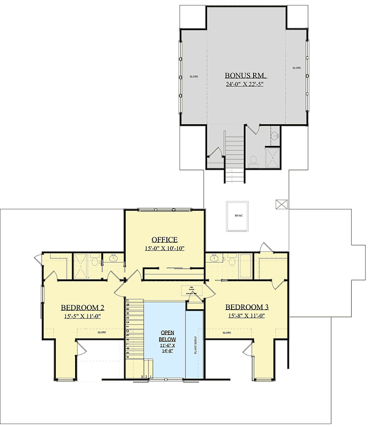 Second level floor plan of the Dazzling 3BHK Country House with 2 bedrooms, a home office, and a bonus room.