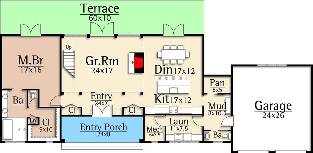 Main level floor of the Delighting 3BHK Farmhouse Plan with a 2-car garage, porch, great room, dining room, kitchen, laundry room, mud room, terrace, and main bedroom.