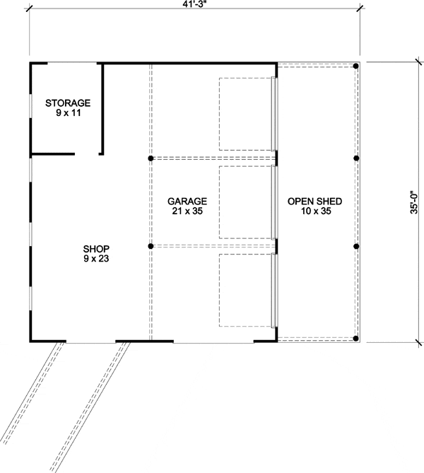 Main level floor plan of the Vintage Barndominium with shop, garage, open shed, and storage.