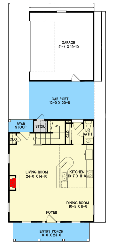 Main level floor plan of the 2,345 Sq. Ft. Superior Country Style Craftsman House with a entry porch, foyer, dining room, living room, kitchen, bathroom, storage, car port, and garage.
