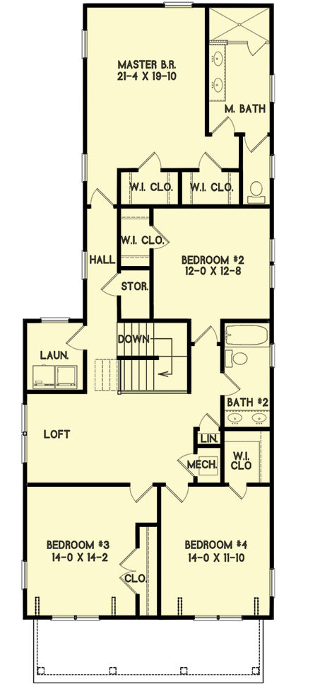 Second level floor plan of the 2,345 Sq. Ft. Superior Country Style Craftsman House with 3 bedrooms, loft, masater bedroom, master bathroom, bathroom, storage, laundy, and hall.