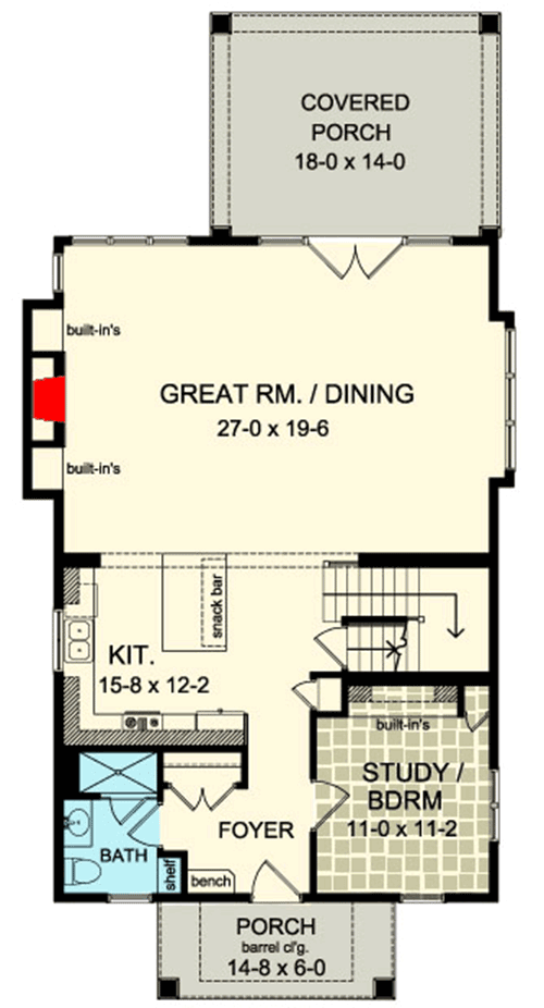 Main level floor plan of the Superior 2 Story Gambrel Roof Cottage House with porches, foyer, bathroom, kitchen, study/bedroom, and great room/ dining room.