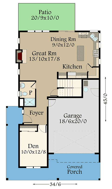 Main level floor plan of the 5BHK Fancy Modern Farmhouse with a covered porch, patio, den, garage, kitchen, foyer, great room, and dining room.